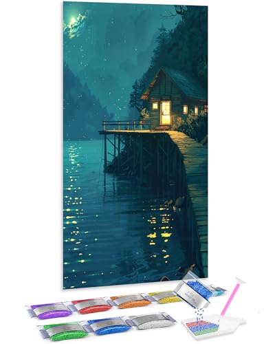 Jumpdot 5D Diamond Painting Zubehör DIY Full Groß Hütte am Flussufer bei Nacht Indie Room Decor Diamant Kunst Kit 70x40 cm von Jumpdot