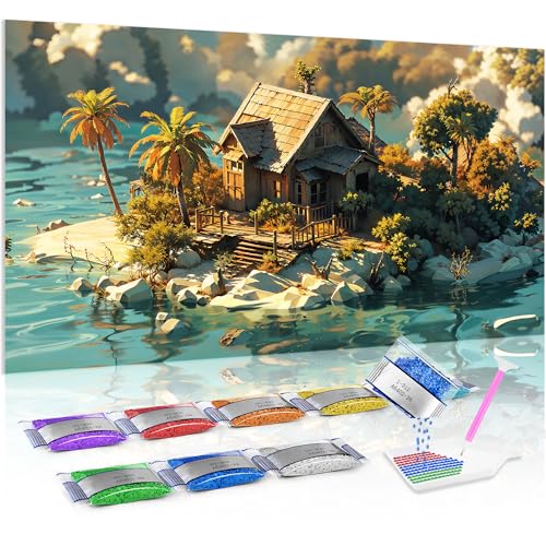 Jumpdot 5D Diamond Painting Zubehör DIY Full Groß Insel und Haus Home Décor Diamant Kunst Kit 70x40 cm von Jumpdot