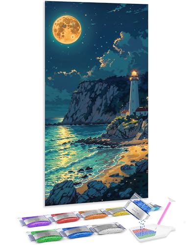 Jumpdot 5D Diamond Painting Zubehör DIY Full Groß Mond und Leuchtturm Decoration Diamant Kunst Kit 70x40 cm von Jumpdot