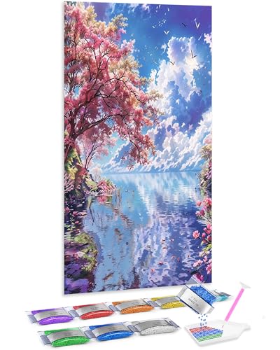 Jumpdot 5D Diamond Painting Zubehör DIY Full Groß Sakura und das Meer Wall Decoration Diamant Kunst Kit 70x40 cm von Jumpdot