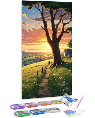 Jumpdot 5D Diamond Painting Zubehör DIY Full Groß Sonnenaufgang und großer Baum Wandbilder Wohnzimmer Diamant-Kunst-Kit 70x40 cm von Jumpdot