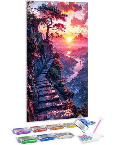 Jumpdot 5D Diamond Painting Zubehör DIY Full Groß Sonnenuntergang und Pinien Room Decor Diamant Kunst Kit 70x40 cm von Jumpdot