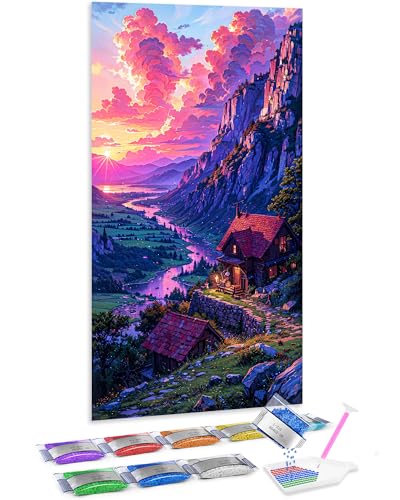 Jumpdot 5D Diamond Painting Zubehör DIY Full Groß Sonnenuntergangslandschaft in den Bergen Wohnzimmer Deko Diamant-Kunst-Kit 70x40 cm von Jumpdot