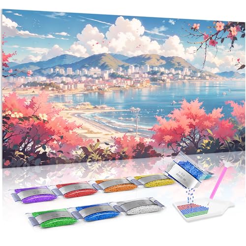 Jumpdot 5D Diamond Painting Zubehör DIY Full Groß Stadtlandschaft am Meer Dekoration Wohnung Modern Diamant-Kunst-Kit 70x40 cm von Jumpdot