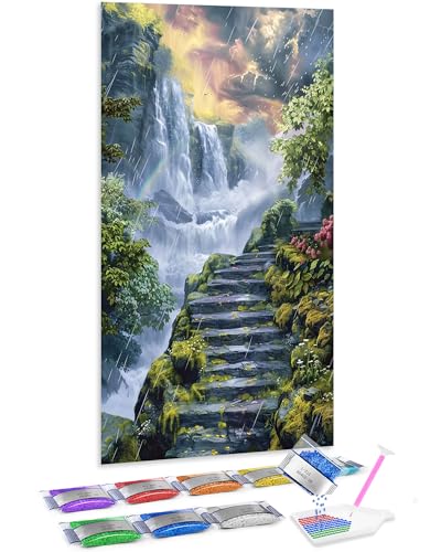 Jumpdot 5D Diamond Painting Zubehör DIY Groß Bergstraßen- und Wasserfalllandschaft Haus Dekoration Diamant Kunst Kit 70x40 cm von Jumpdot