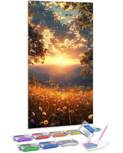 Jumpdot 5D Diamond Painting Zubehör DIY Groß Blick auf Blumen und Sonnenaufgang Wandbilder Wohnzimmer Diamant-Kunst-Kit 70x40 cm von Jumpdot