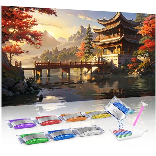 Jumpdot 5D Diamond Painting Zubehör DIY Groß Chinesische Artlandschaft der Pagode auf dem See Wall Decoration Diamant Kunst Kit 70x40 cm von Jumpdot