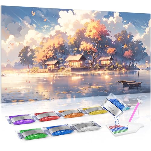 Jumpdot 5D Diamond Painting Zubehör DIY Groß Dorf am Fluss Aesthetic Room Decor Diamant Kunst Kit 70x40 cm von Jumpdot