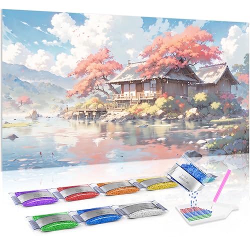 Jumpdot 5D Diamond Painting Zubehör DIY Groß Holzhaus am Wasser Haus Dekoration Diamant Kunst Kit 70x40 cm von Jumpdot