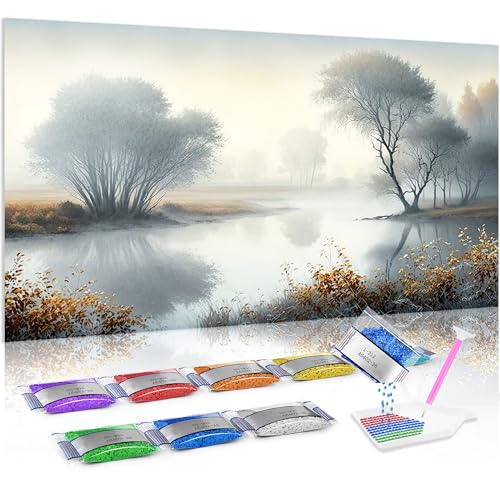 Jumpdot 5D Diamond Painting Zubehör DIY Groß Nebel auf dem Fluss Wall Decoration Diamant Kunst Kit 70x40 cm von Jumpdot