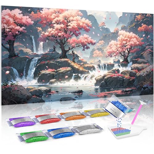 Jumpdot 5D Diamond Painting Zubehör DIY Groß Sakura-Bäume und Wasserfalllandschaft Aesthetic Room Decor Diamant Kunst Kit 70x40 cm von Jumpdot