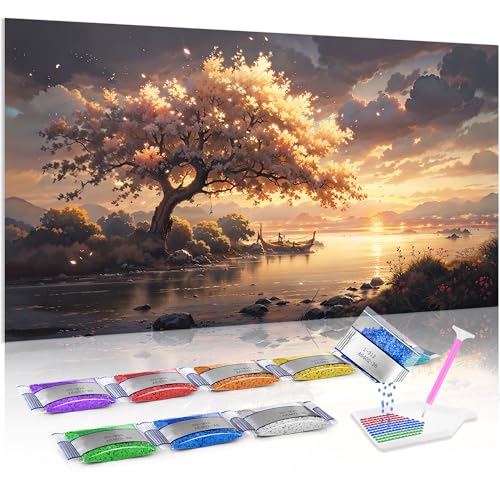 Jumpdot 5D Diamond Painting Zubehör DIY Groß Sakura-Baum bei Sonnenuntergang Dekoration Wohnung Modern Diamant-Kunst-Kit 70x40 cm von Jumpdot