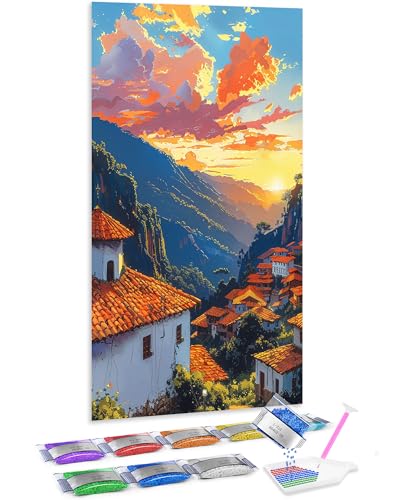 Jumpdot 5D Diamond Painting Zubehör DIY Groß Sonnenaufgangslandschaft in der Bergstadt Wandbilder Wohnzimmer Diamant-Kunst-Kit 70x40 cm von Jumpdot