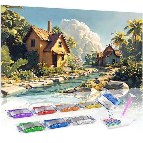 Jumpdot 5D Diamond Painting Zubehör DIY Groß gelbes Haus und Bach Home Decoration Diamant Kunst Kit 70x40 cm von Jumpdot