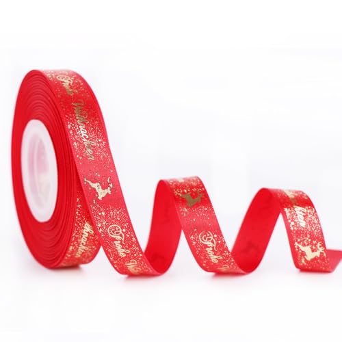 JunGG 22m Schleifenband Satinband Geschenkband Weihnachtsband mit Frohe Weihnachten (Rot 1.5cm) von JunGG