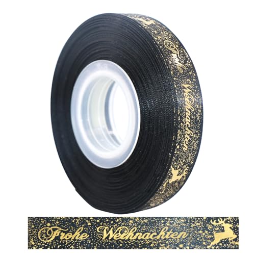 JunGG 22m Schleifenband Satinband Geschenkband Weihnachtsband mit Frohe Weihnachten (Schwarz 1.5cm) von JunGG