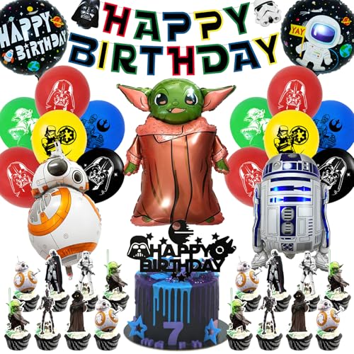 51 Stk Wars Ballons, Wars Party Luftballons, Wars Geburtstagsdeko, Wars Geburtstagsparty Dekoration Set mit Wars Kuchen Deko Folienballons Happy Birthday Banner Wars Thema Kindergeburtstag Party Deko von JunMallko