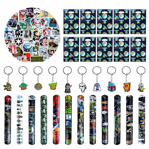 82PCS Yod Party Mitgebsel, Star Krieg Give Aways Kindergeburtstag Gastgeschenke, Sterne Wars Geburtstagsdeko, 10 Schlüsselanhänger, 10 Partygeschenk Packs, 12 Silikonarmband, 50 Aufkleber für Kinder von JunMallko