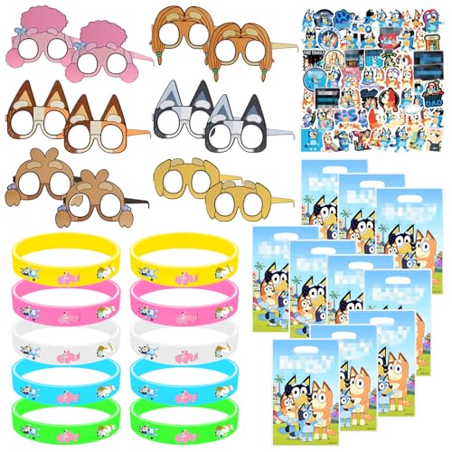 Blue-y Party Mitgebsel, Blue-y Geburtstag Deko, 82 Stk Blue-y Give Aways Kindergeburtstag Gastgeschenke Set, Partygeschenk- Packs mit Mehreren Elementen Armband, Geschenktasche, Gläser, Aufkleber von JunMallko