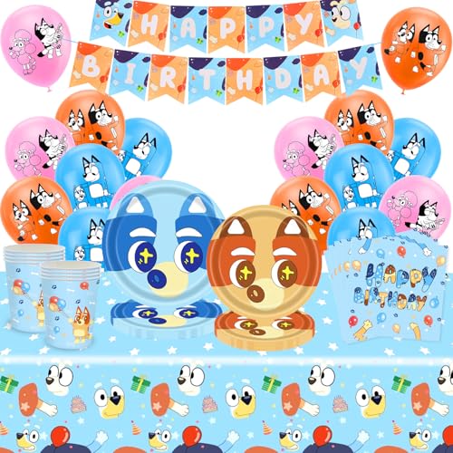 Bluey Partygeschirr Geburtstagsdeko, 60Pcs Bluey Kindergeburtstag Deko, Bluey Party Deko Theme Geschirr Set, Bluey Luftballons, Banner, Becher, Servietten, Tischdecke, Pappteller - 10 Portionen von JunMallko