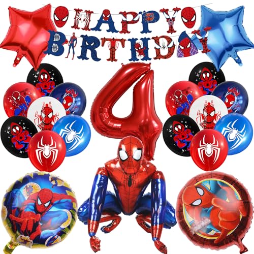 JunMallko 19 Stück Spider Geburtstagsdeko 4 Jahre, Spider Luftballons 4 Jahre, Riese 3D Spider Ballon, Spider Latexballons, Spider Kindergeburtstag Deko, Digitaler Ballon von JunMallko