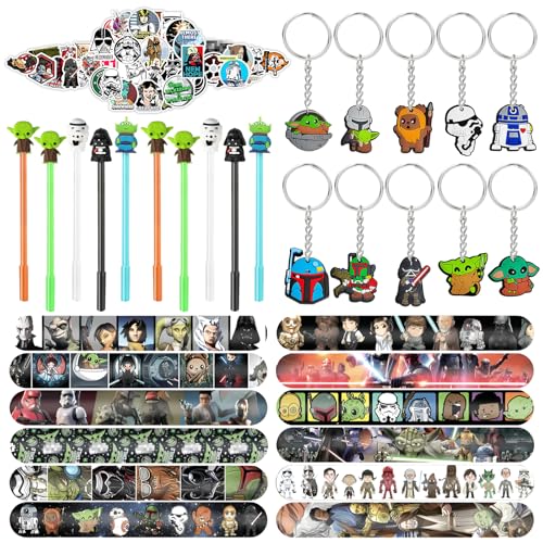 JunMallko Yod Party Mitgebsel, 82pcs Sta Wars Partygeschenk-Set, Sta Wars Geburtstagsdeko, 10 Schlüsselanhänger, 12 Armbänder, 50 Aufkleber, 10 Stift, für Kindergeburtstagsgeschenke von JunMallko