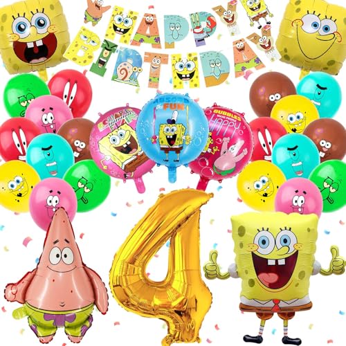 SpongeBo Geburtstag Deko 4 Jahre, 27 Stück SpongeBo Geburtstag Ballon, SpongeBo Party Deko, SpongeBo Kinder Geburtstag Luftballons Set, SpongeBo Schwammkopf Deko Geburtstag Luftballons, Banner (4) von JunMallko