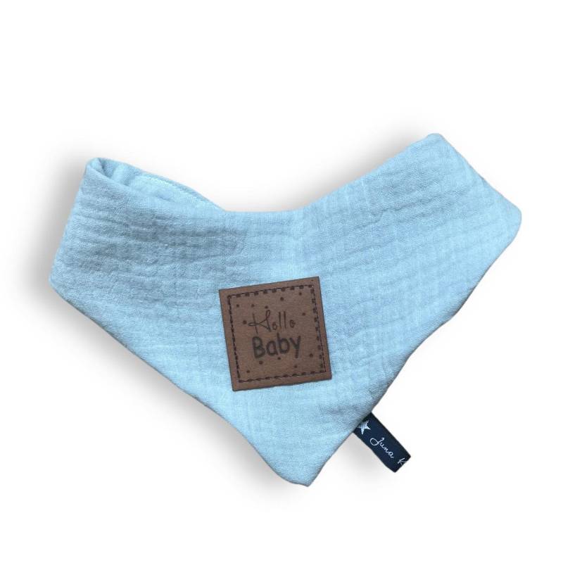 Musselintuch "Hello Baby" Hellblau Babyblau Blau Dreieckstuch Tuch Halstuch Baby Kind Kleinkind Geschenk Newborngift Lätzchen von JunaKindermodede