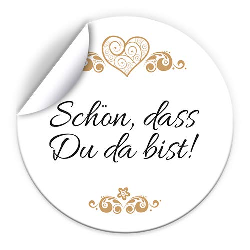 100 Aufkleber SCHÖN, DASS DU DA BIST Etiketten für Gastgeschenke BZW. Mitgebsel bei Hochzeit Taufe Geburtstag Jubiläum (4,5 cm rund) von Junapack