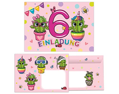 Junapack 12 Einladungskarten incl. 12 Umschläge zum 6. Kindergeburtstag Einladung zum sechsten Geburtstag Mädchen Kaktus von Junapack