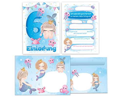 Junapack 12 Einladungskarten incl. 12 Umschläge zum 6. Kindergeburtstag Einladung zum sechsten Geburtstag Mädchen Meerjungfrau von Junapack