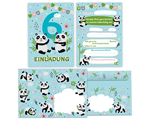 12 Einladungskarten incl. 12 Umschläge zum 6. Kindergeburtstag sechste Geburtstag Mädchen Jungen Panda von Junapack