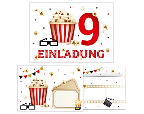 12 Einladungskarten incl. 12 Umschläge zum 9. Kindergeburtstag Kino neunte Geburtstag Mädchen Jungen Kino-Party Cinema von Junapack