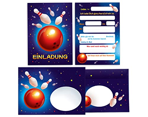 12 Einladungskarten incl. 12 Umschläge zum Kindergeburtstag Bowling Bowling-Party Einladungen für Geburtstag Mädchen Jungen von Junapack