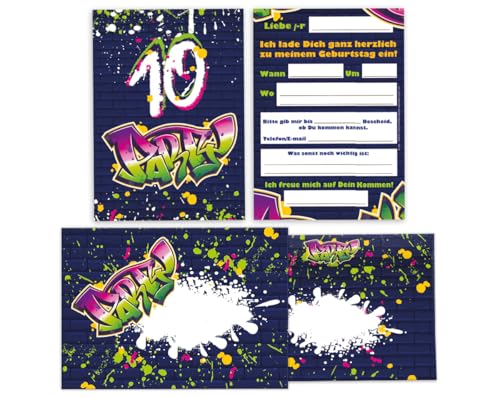 12 Einladungskarten inkl. 12 Umschläge zum 10. Kindergeburtstag Einladung Set Geburtstag Mädchen Kinder Jungs Jungen Boys Teenies Graffiti Jugendstill modern bunt grün lila neon von Junapack