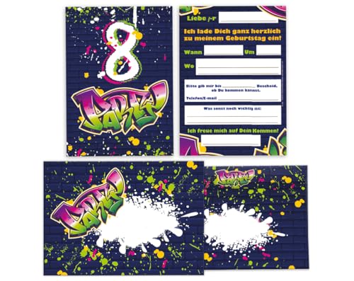 12 Einladungskarten inkl. 12 Umschläge zum 8. Kindergeburtstag Einladung Set Geburtstag Mädchen Kinder Jungs Jungen Boys Teenies Graffiti Jugendstill modern bunt grün lila neon von Junapack