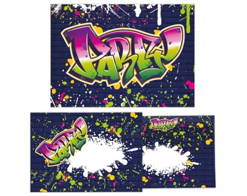 12 Einladungskarten inkl. 12 Umschläge zum Kindergeburtstag Einladung Set Geburtstag Mädchen Kinder Jungs Jungen Boys Teenies Graffiti Jugendstill modern bunt grün lila neon von Junapack