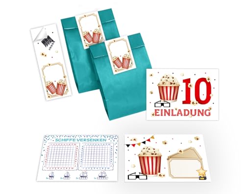 12 Einladungskarten zum 10. Kindergeburtstag Einladung Geburtstag Mädchen Jungen Kino Cinema incl. 12 Umschläge, 12 Tüten/petrol, 12 Aufkleber, 12 Schiffe versenken von Junapack