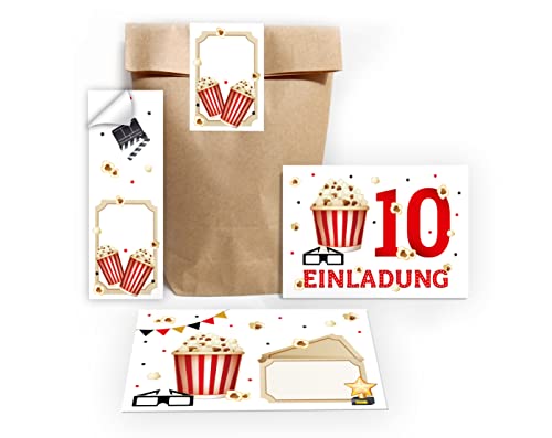 12 Einladungskarten zum 10. Kindergeburtstag Kino zehnte Geburtstag Mädchen Jungen Kino-Party Cinema incl. 12 Umschläge, 12 Tüten/natur, 12 Aufkleber von Junapack