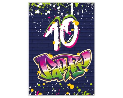 12 Einladungskarten zum 10. Kindergeburtstag Motto Feier Fest Einladung Set Geburtstag Mädchen Kinder Jungs Jungen Boys Teenies Unisex Graffiti Jugendstill modern bunt grün lila neon von Junapack