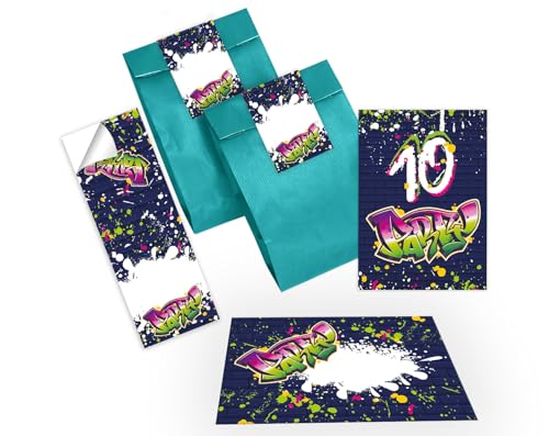 12 Einladungskarten zum 10. Kindergeburtstag Party Einladung Set Geburtstag Mädchen Kinder Jungen Boys Geschenktüte inkl. 12 Umschläge, 12 Tüten, 12 Aufkleber Graffiti Jugendstill modern bunt neon von Junapack