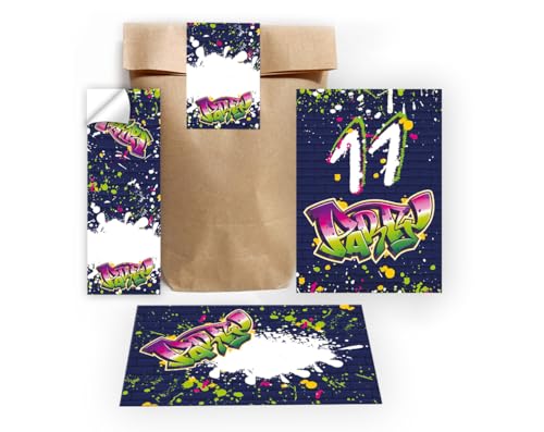 12 Einladungskarten zum 11. Kindergeburtstag Einladung Set Geburtstag Mädchen Kinder Jungs Jungen Boys Geschenktüte inkl. 12 Umschläge, 12 Tüten, 12 Aufkleber Graffiti Jugendstill modern bunt neon von Junapack