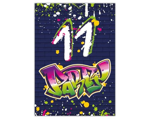 12 Einladungskarten zum 11. Kindergeburtstag Motto Feier Fest Einladung Set Geburtstag Mädchen Kinder Jungs Jungen Boys Teenies Unisex Graffiti Jugendstill modern bunt grün lila neon von Junapack