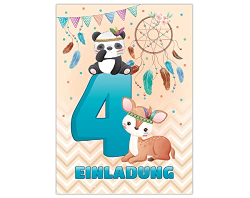12 Einladungskarten zum 4. Kindergeburtstag Einladung zum vierten Geburtstag Mädchen Jungen Tiere Indianer Panda Bär REH von Junapack