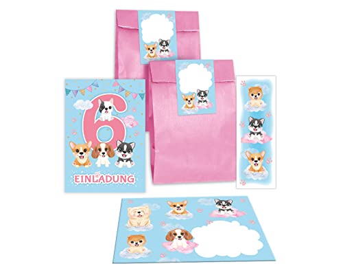 12 Einladungskarten zum 6. Kindergeburtstag Einladung zum sechsten Geburtstag Mädchen Hunde incl. 12 Umschläge, 12 Tüten/rosa, 12 Aufkleber, 12 Lesezeichen von Junapack