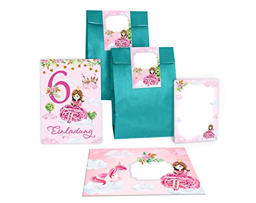 Junapack 12 Einladungskarten zum 6. Kindergeburtstag Einladung zum sechsten Geburtstag Mädchen Prinzessin mit Einhorn incl. 12 Umschläge, 12 Tüten/petrol, 12 Aufkleber, 12 Blöcke von Junapack