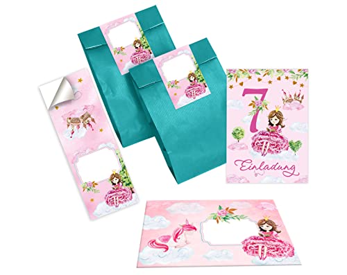 Junapack 12 Einladungskarten zum 7. Kindergeburtstag Einladung zum siebten Geburtstag Mädchen Prinzessin mit Einhorn incl. 12 Umschläge, 12 Tüten/petrol, 12 Aufkleber von Junapack