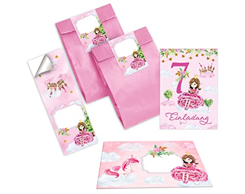 Junapack 12 Einladungskarten zum 7. Kindergeburtstag Einladung zum siebten Geburtstag Mädchen Prinzessin mit Einhorn incl. 12 Umschläge, 12 Tüten/rosa, 12 Aufkleber von Junapack