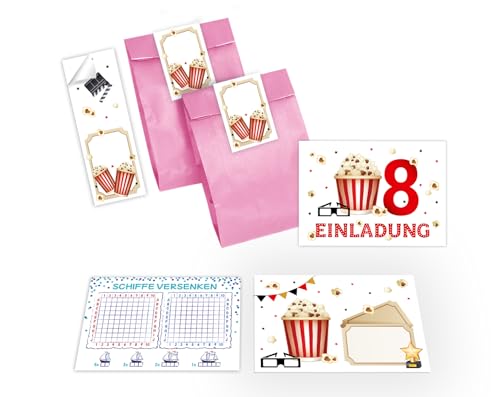 12 Einladungskarten zum 8. Kindergeburtstag Einladung Geburtstag Mädchen Jungen Kino Cinema incl. 12 Umschläge, 12 Tüten/rosa, 12 Aufkleber, 12 Schiffe versenken von Junapack