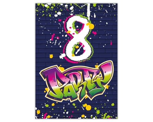 12 Einladungskarten zum 8. Kindergeburtstag Motto Feier Fest Einladung Set Geburtstag Mädchen Kinder Jungs Jungen Boys Teenies Unisex Graffiti Jugendstill modern bunt grün lila neon von Junapack